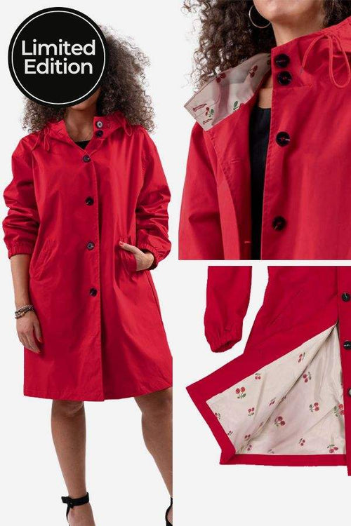 Red water-resistant windbreaker jacket with oversized fit and floral inner lining from Halloween collection