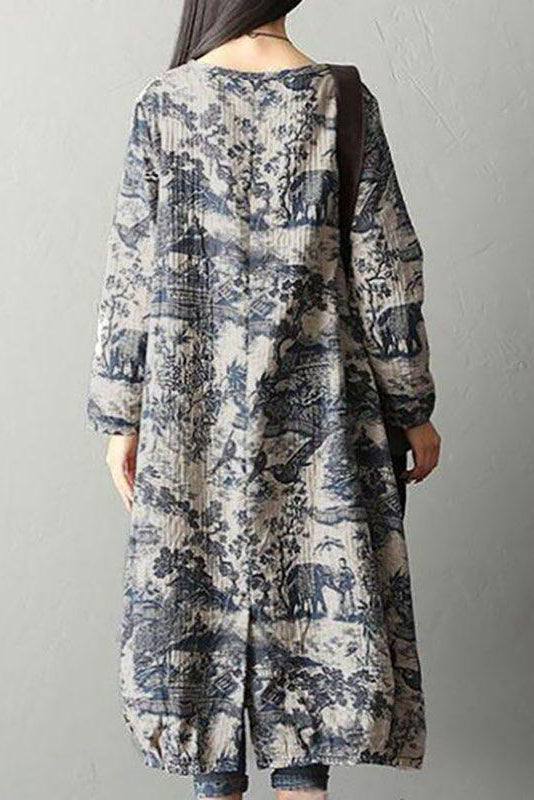 Blue Japanese porcelain print midi dress with 3/4 sleeves and two front pockets