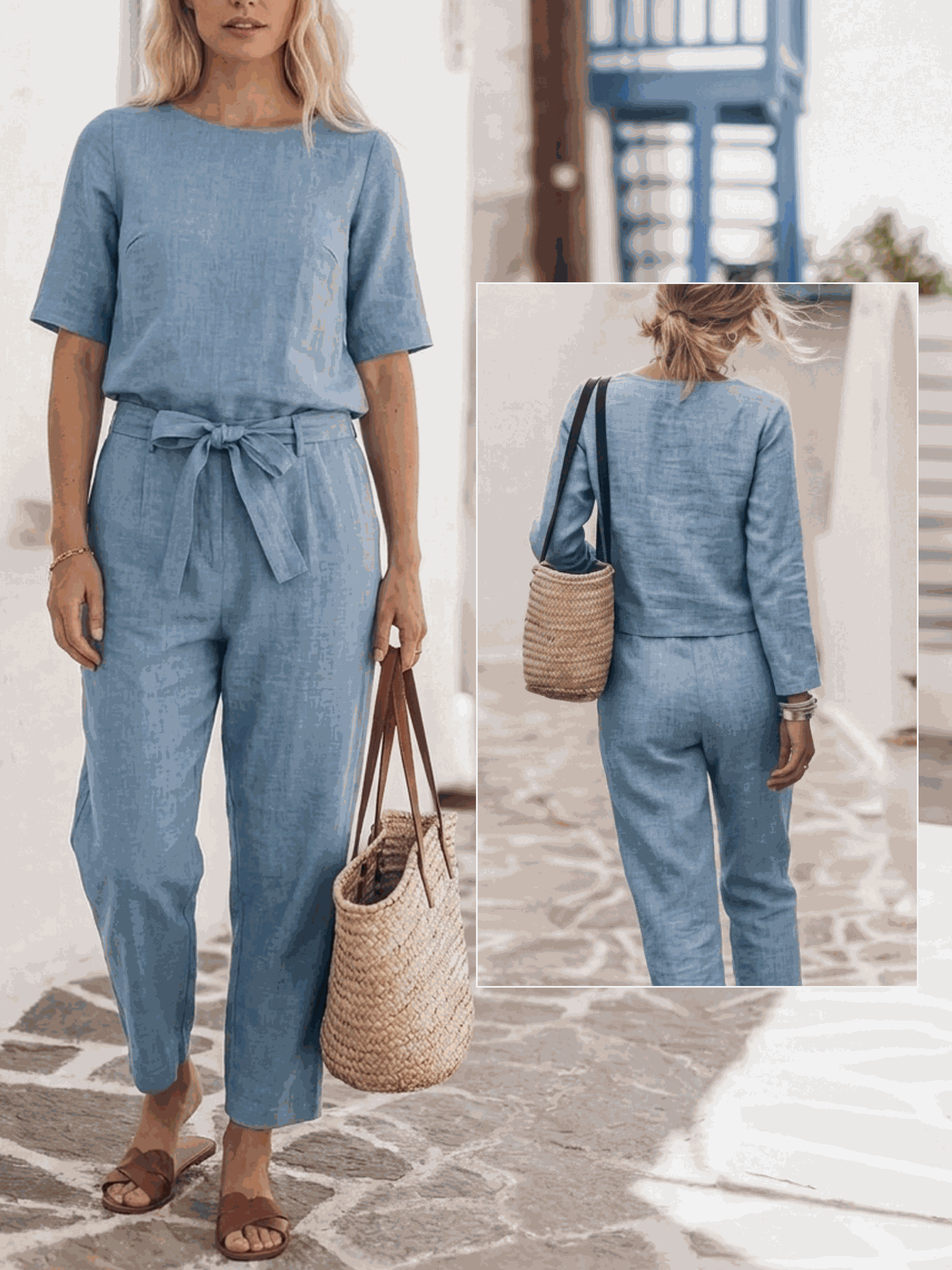Cotton-linen three-piece casual set with relaxed fit and natural texture in monochrome tones