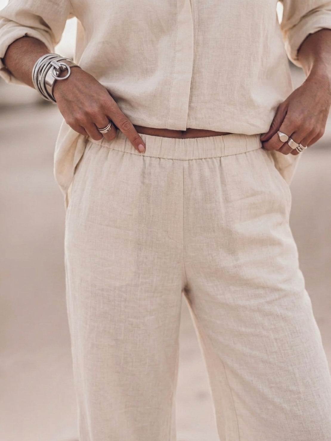 Model wearing oversized 100% cotton shirt and wide-leg pants co-ord set in relaxed fit