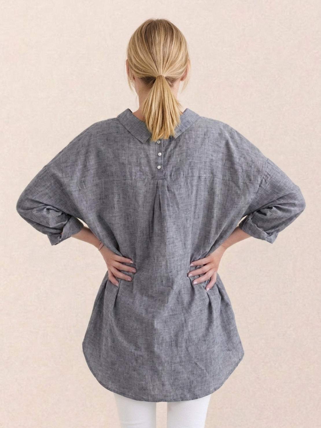 relaxed oversized 100% cotton linen shirt with dropped shoulders and signature back pleat detail