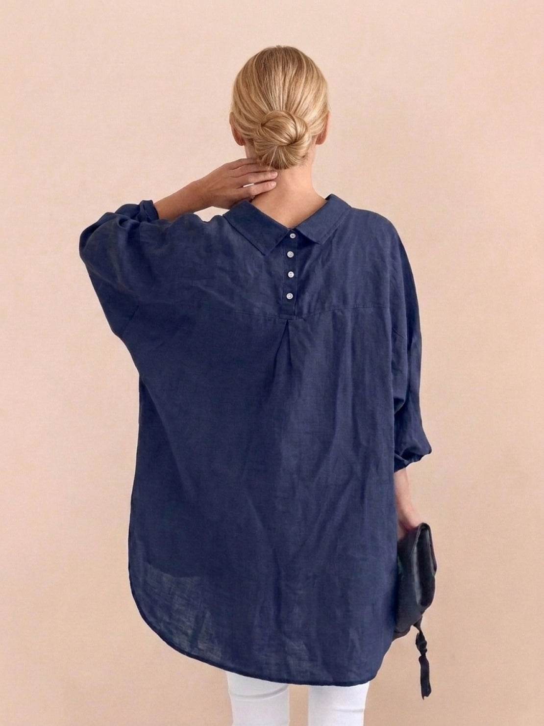 oversized relaxed cotton linen shirt with dropped shoulders and back pleat detail