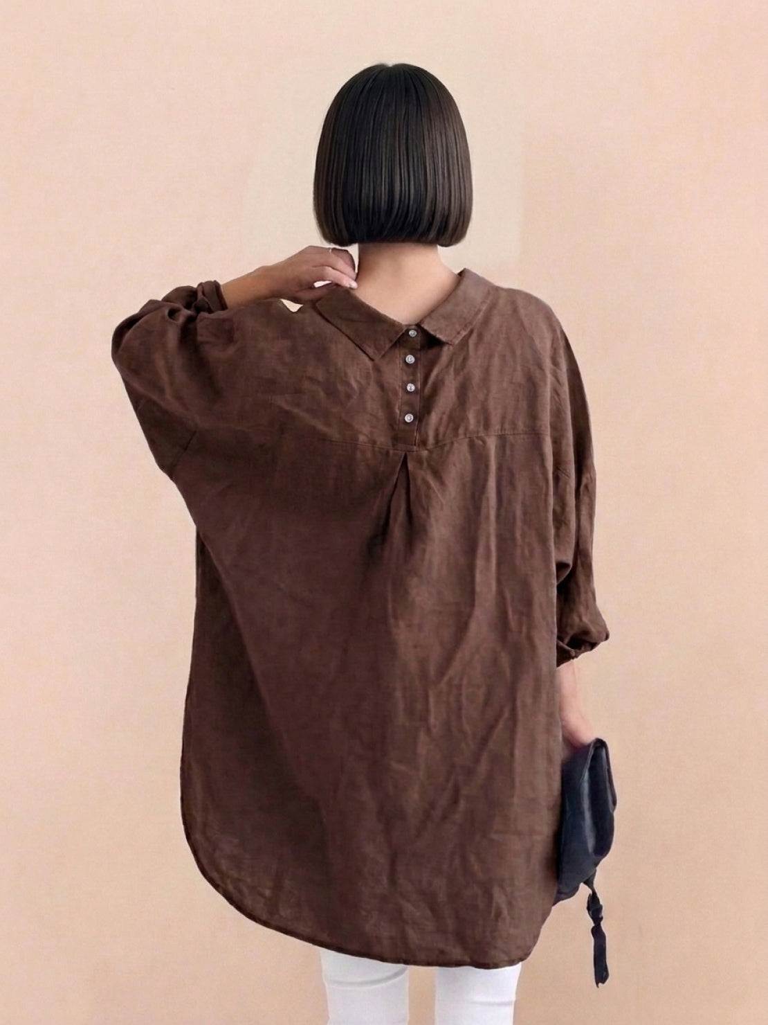 oversized relaxed fit 100% cotton linen shirt with dropped shoulders and back pleat detail