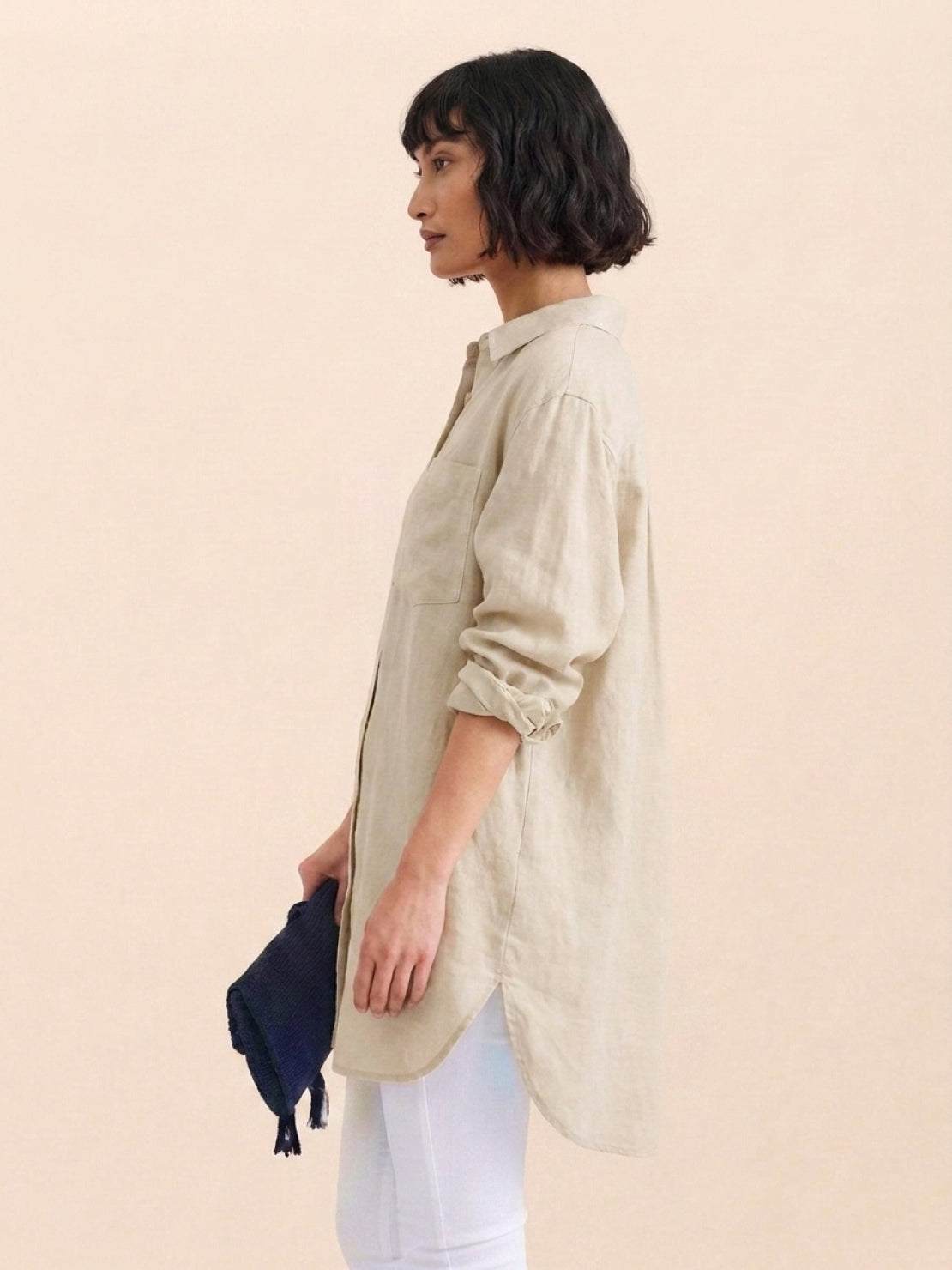Oversized linen shirt in soft cotton blend with relaxed fit and gathered back pleats
