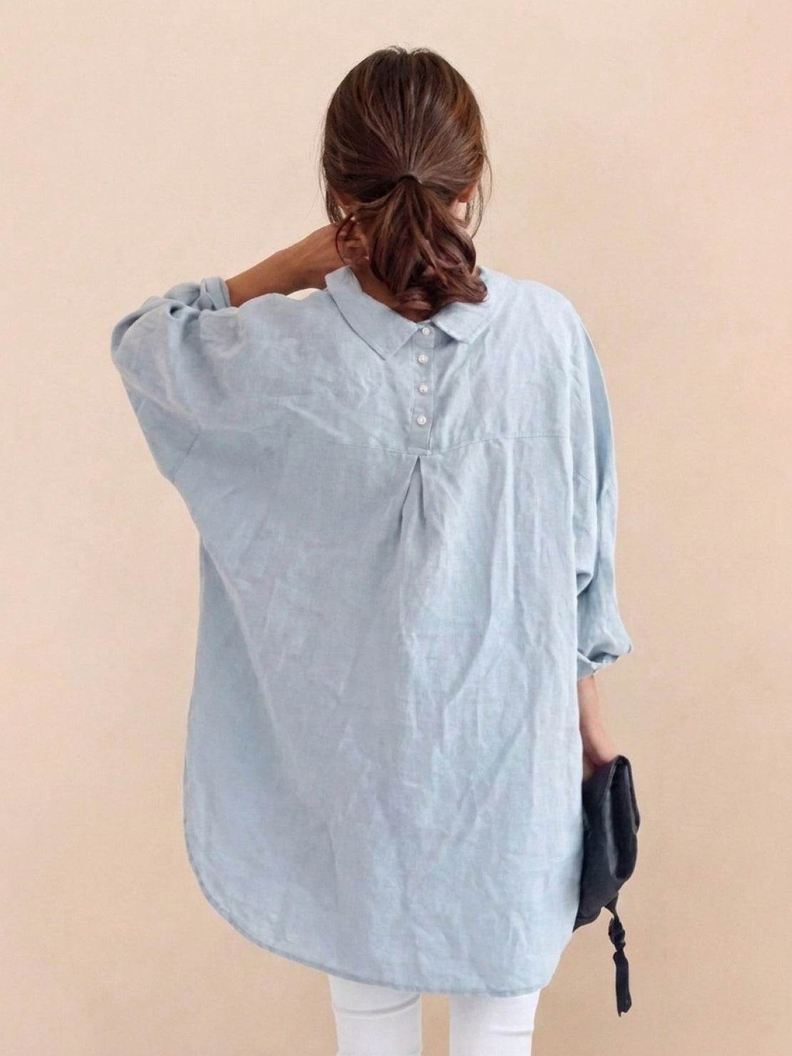 oversized relaxed cotton linen shirt with dropped shoulders and back pleat detail