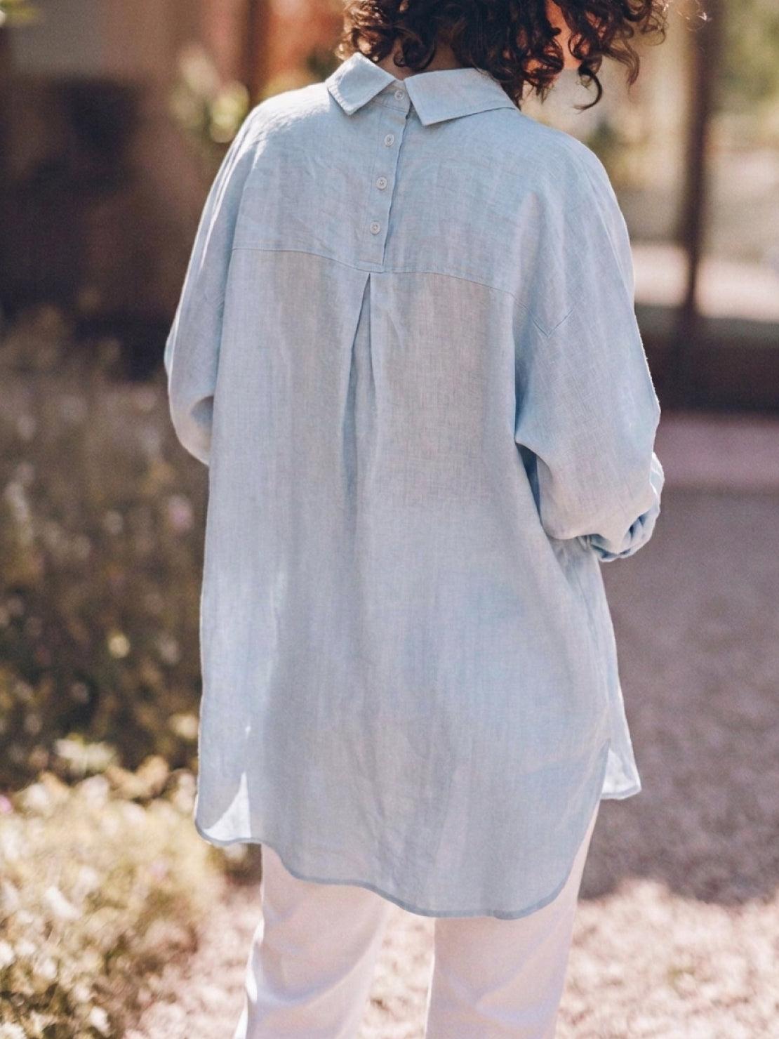 oversized relaxed button-up shirt with back pleat and dropped shoulders in cotton linen blend