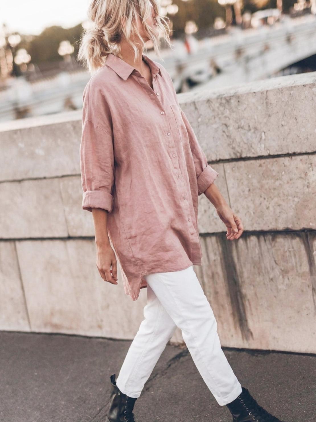 oversized relaxed fit cotton linen shirt with dropped shoulders and back pleat detail