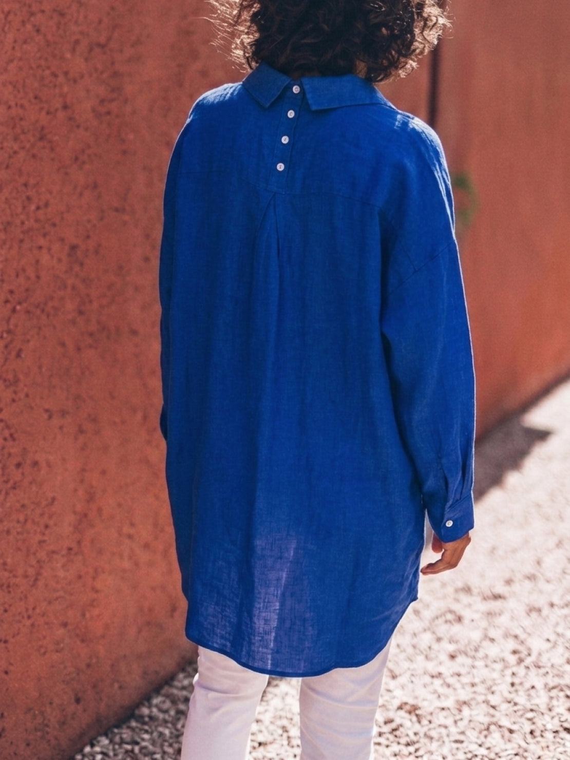 oversized relaxed cotton linen shirt with dropped shoulders and back pleat detail