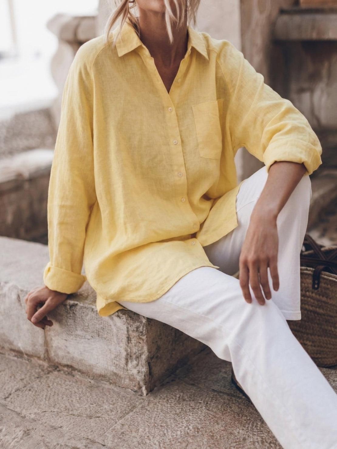oversized relaxed cotton linen shirt with dropped shoulders and back pleat detail