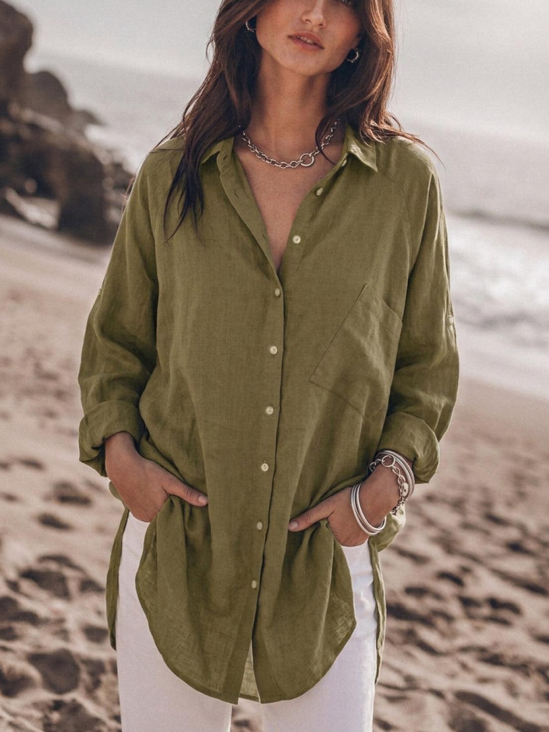 Relaxed oversized 100% cotton linen shirt with dropped shoulders and back pleat detail