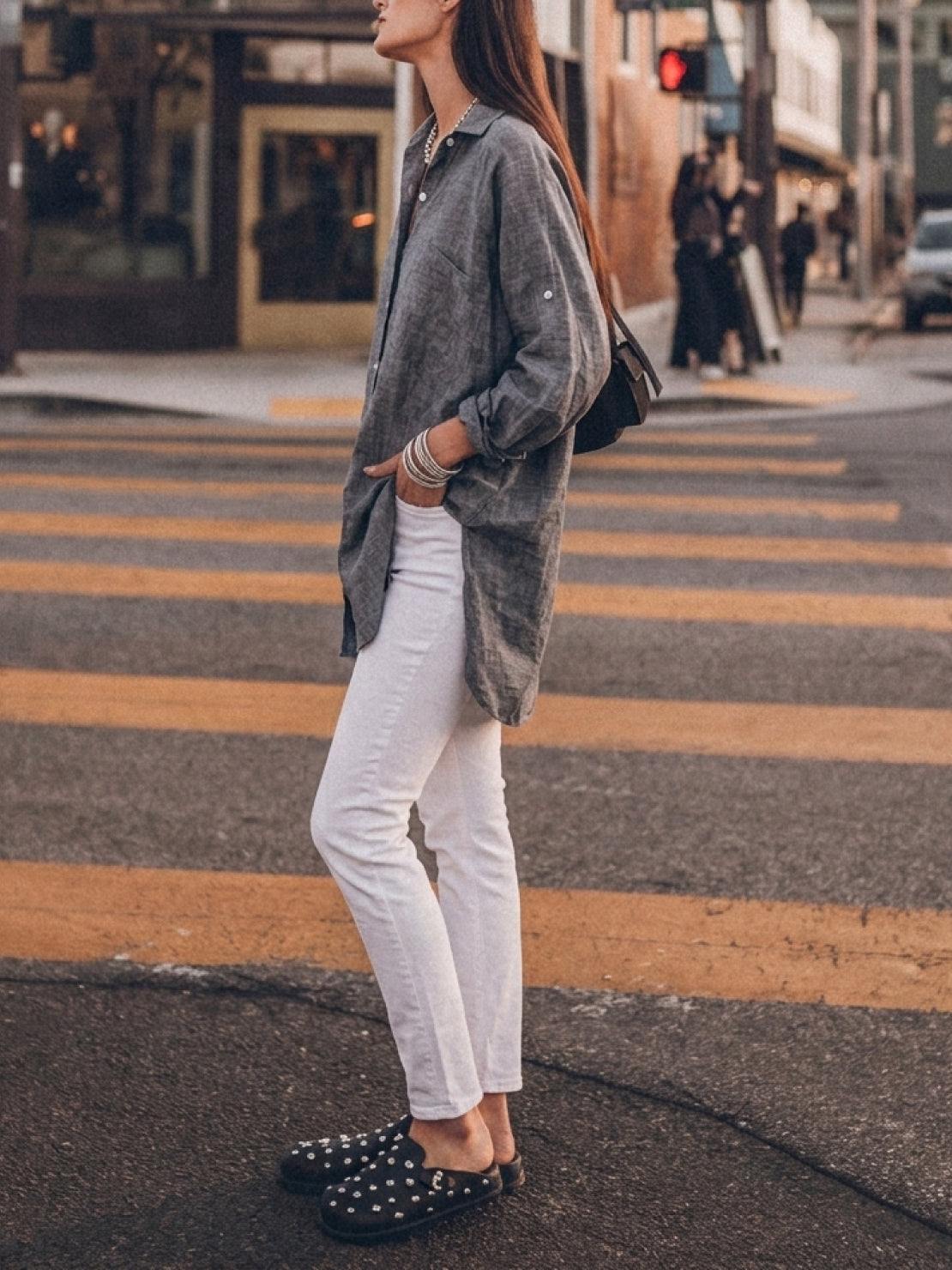 relaxed oversized 100% cotton linen shirt with dropped shoulders and back pleat detail