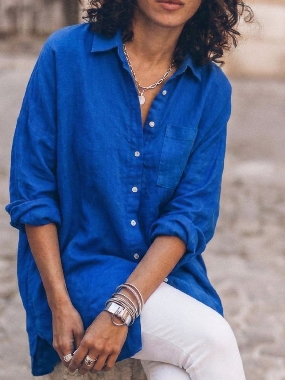 Relaxed oversized 100% cotton linen shirt with dropped shoulders and back pleat detail