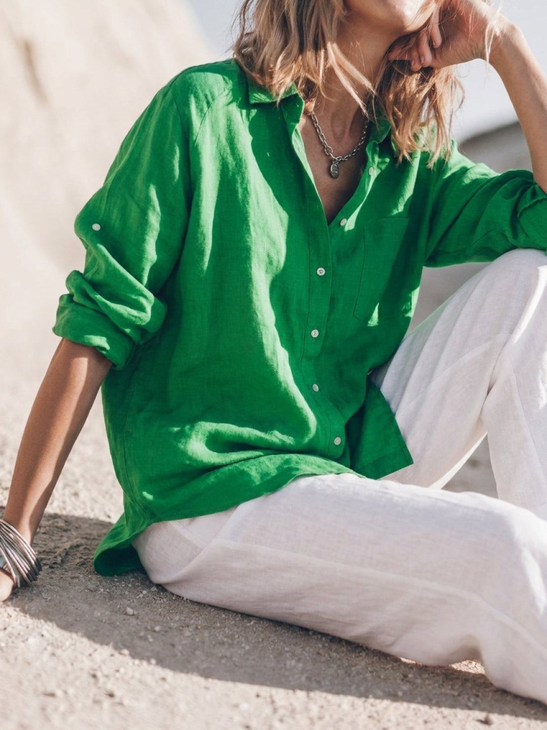 Relaxed oversized 100% cotton linen shirt with dropped shoulders and back pleat detail