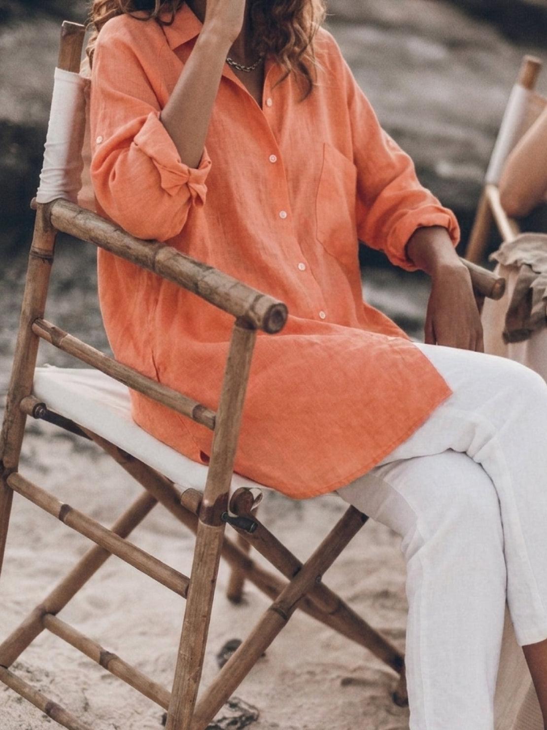 Relaxed oversized 100% cotton linen shirt with dropped shoulders and back pleat detail