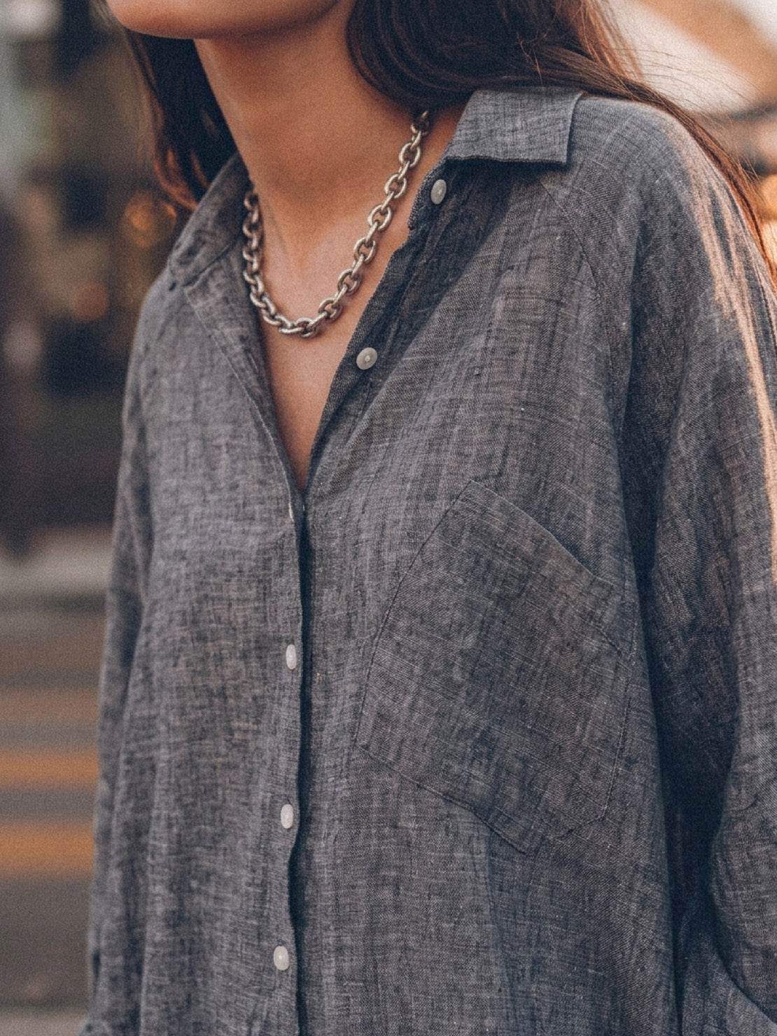 oversized relaxed fit cotton linen shirt with dropped shoulders and back pleat detail
