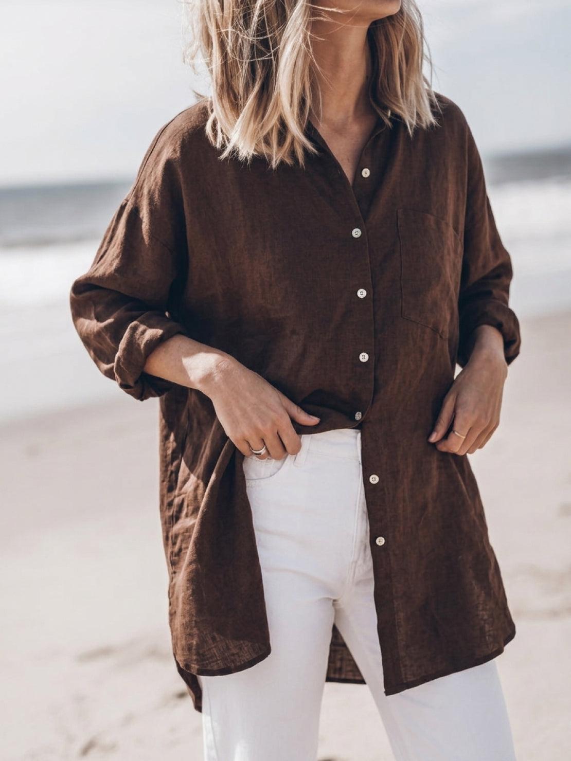 Oversized relaxed cotton-linen shirt with dropped shoulders and back pleat detail