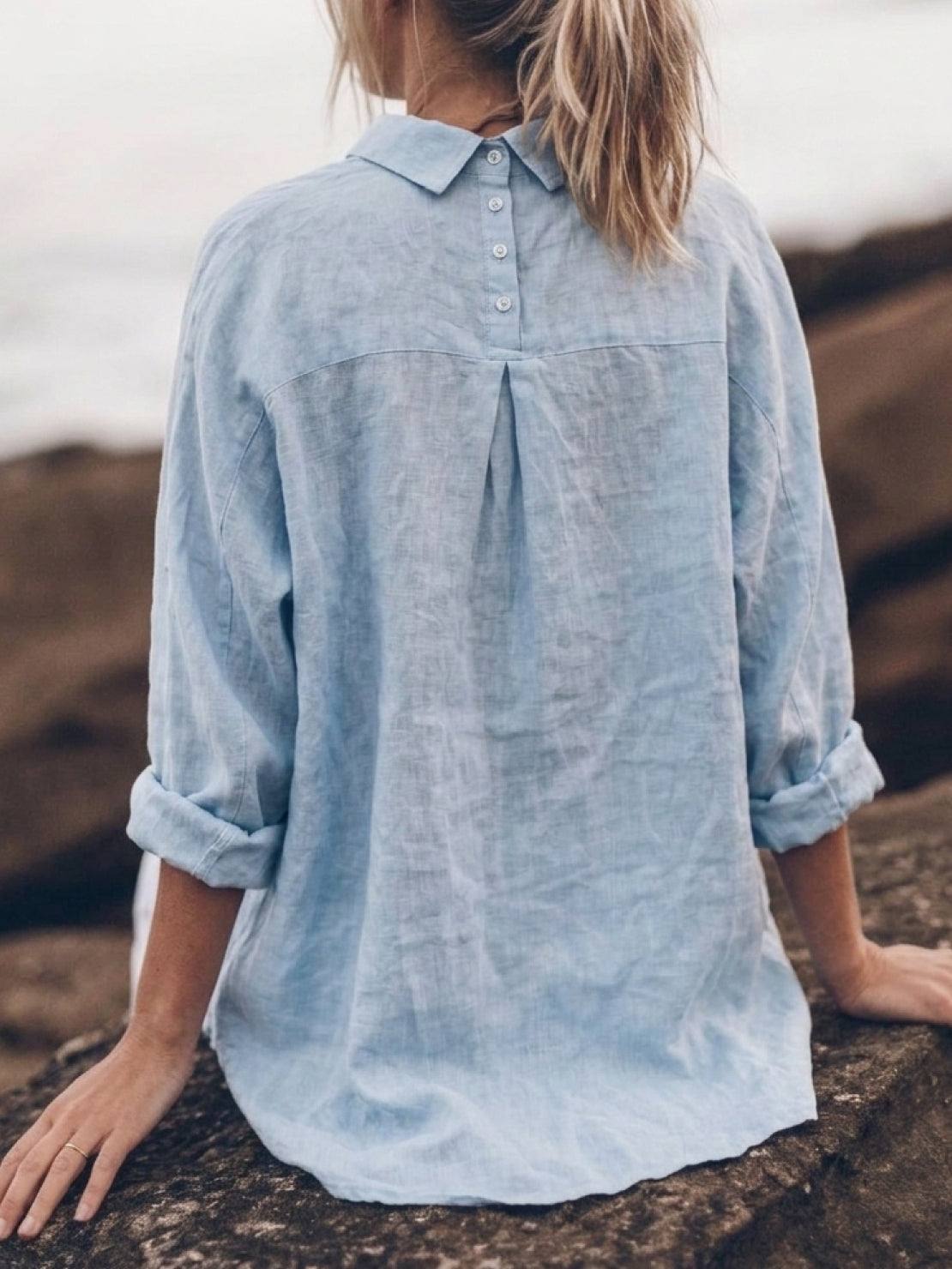 Relaxed oversized 100% cotton linen shirt with dropped shoulders and back pleat detail