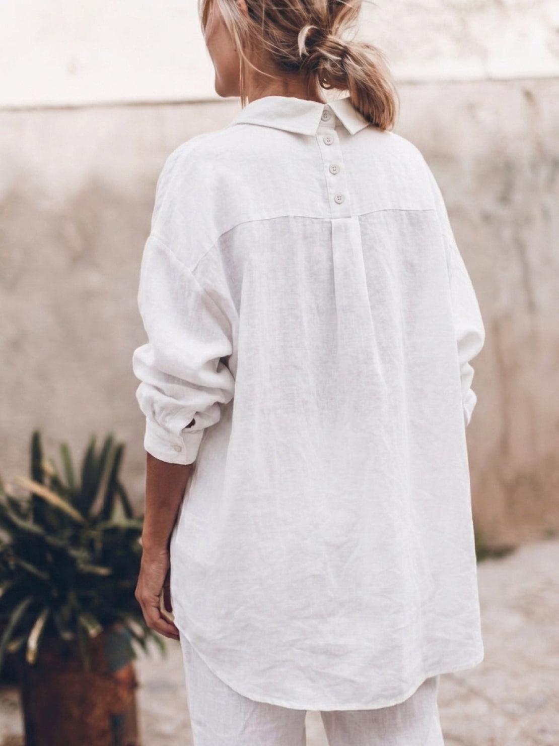 Oversized relaxed fit cotton linen shirt with dropped shoulders and back pleat detail