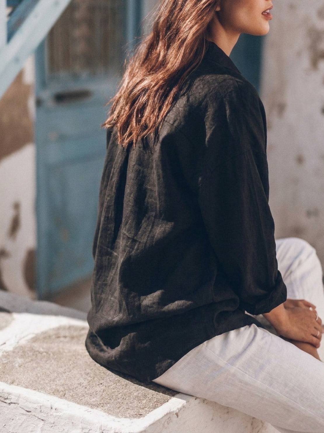 oversized relaxed 100% cotton linen button-up shirt with dropped shoulders and back pleat detail