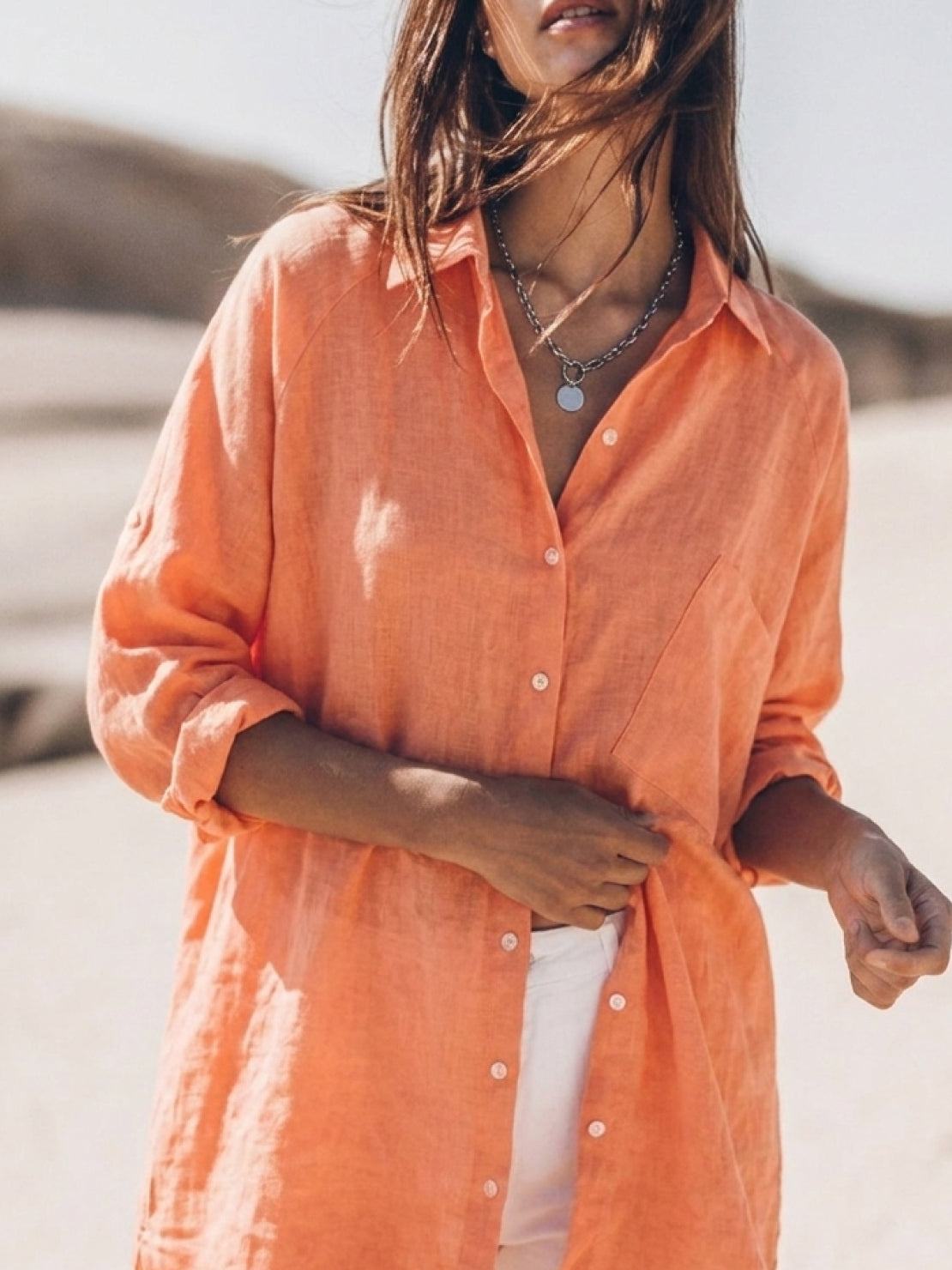 oversized relaxed fit cotton linen shirt with dropped shoulders and back pleat detail