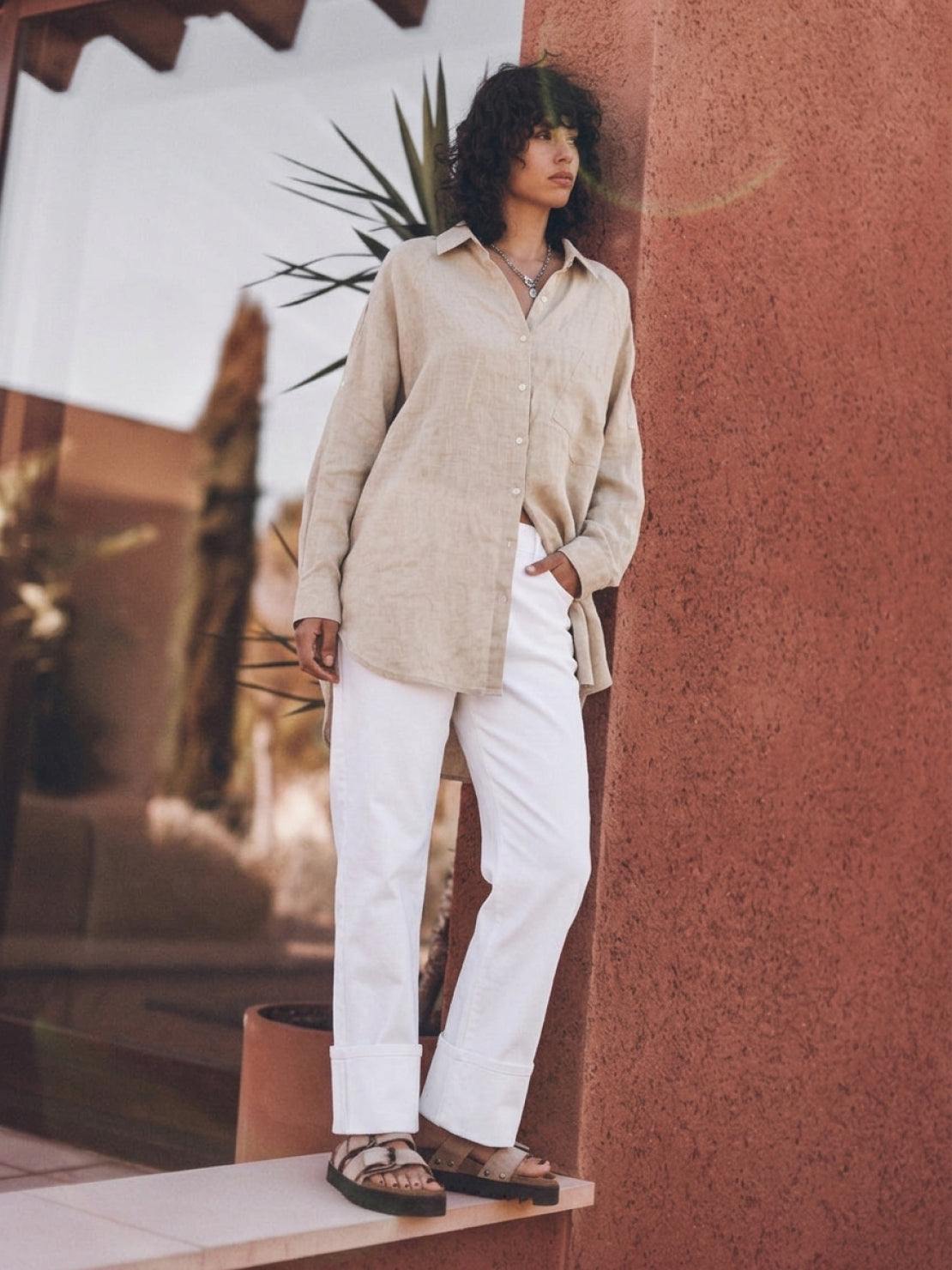 oversized relaxed fit cotton linen shirt with back pleat and dropped shoulders