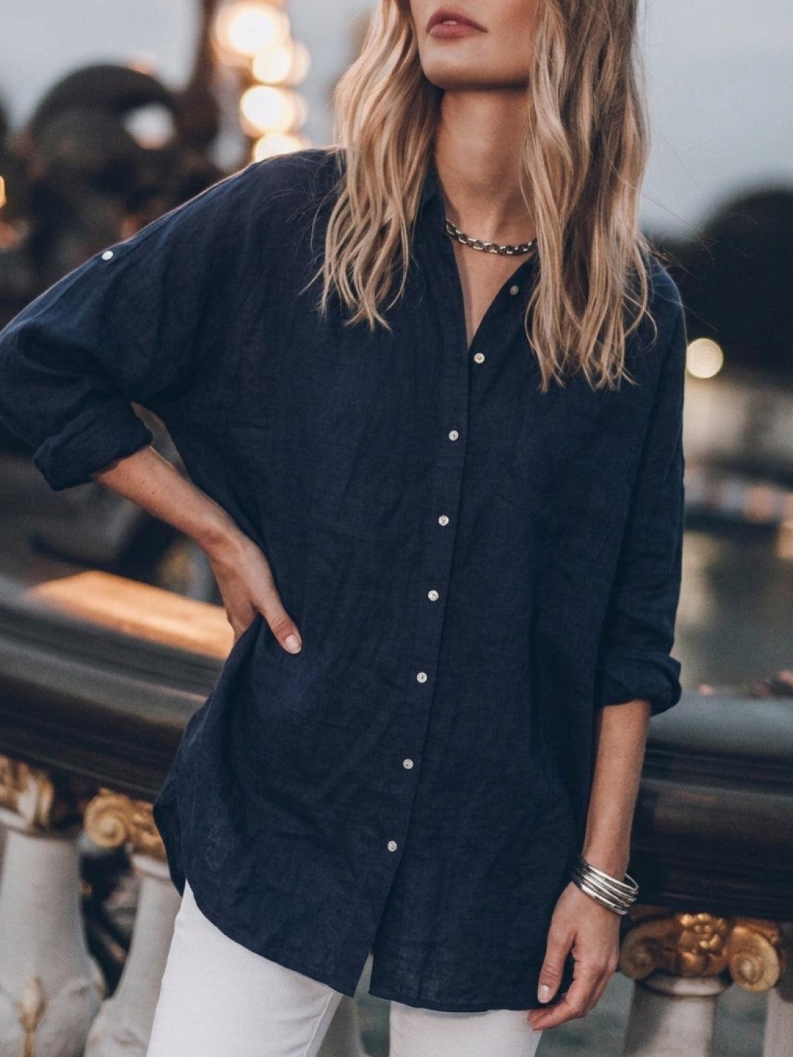 relaxed oversized 100% cotton linen shirt with dropped shoulders and signature back pleat detail