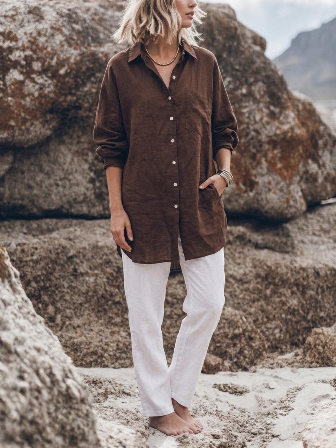 oversized relaxed cotton linen shirt with dropped shoulders and back pleat detail