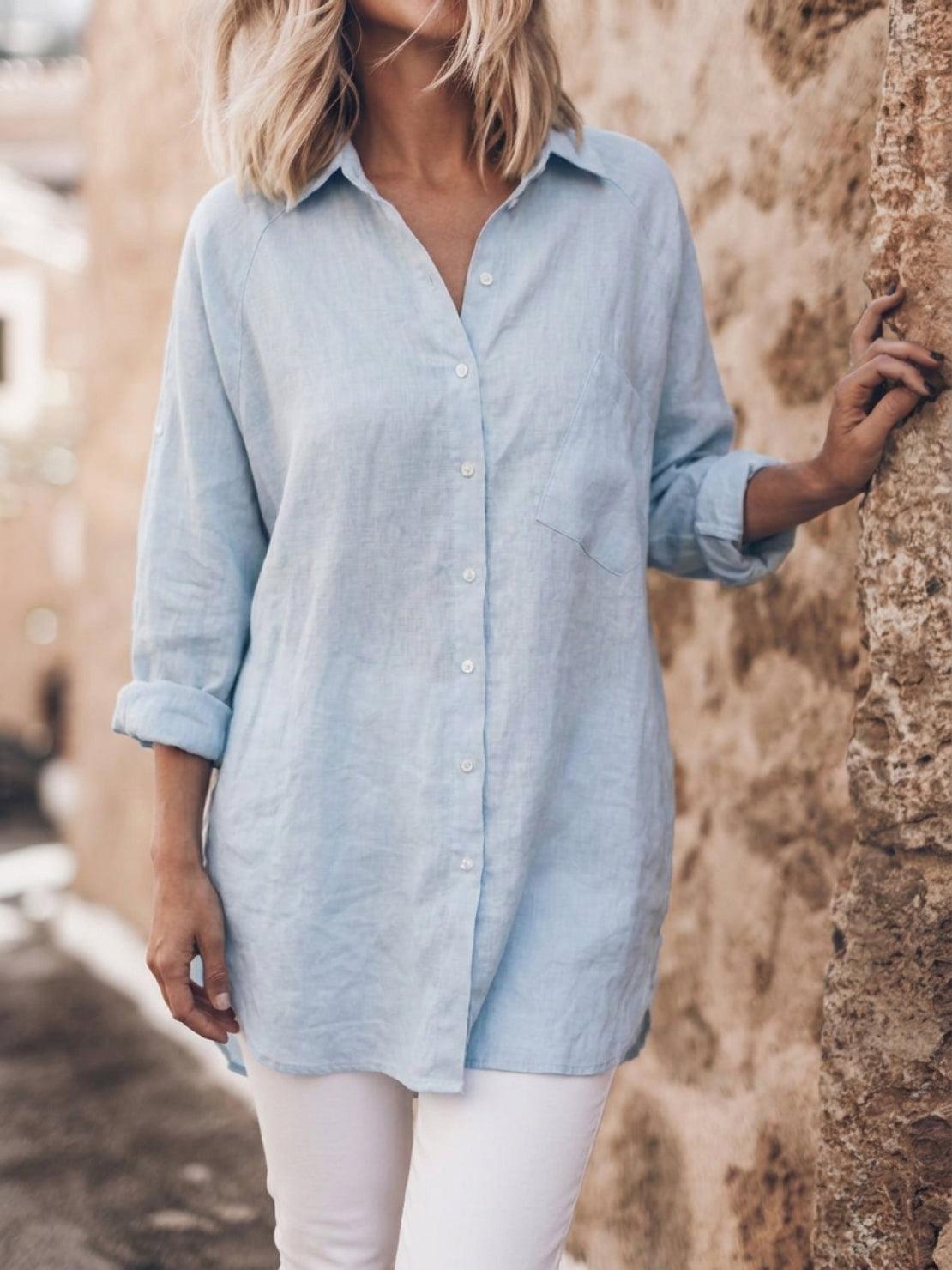 relaxed oversized 100% cotton linen shirt with dropped shoulders and back pleat detail