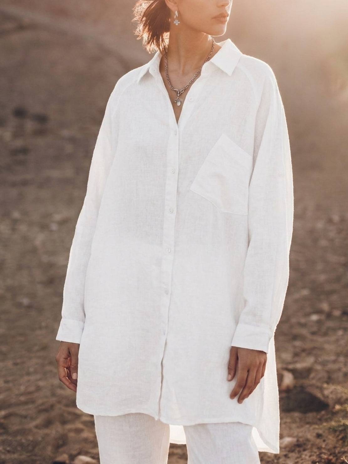 relaxed oversized cotton linen shirt with dropped shoulders and back pleat detail