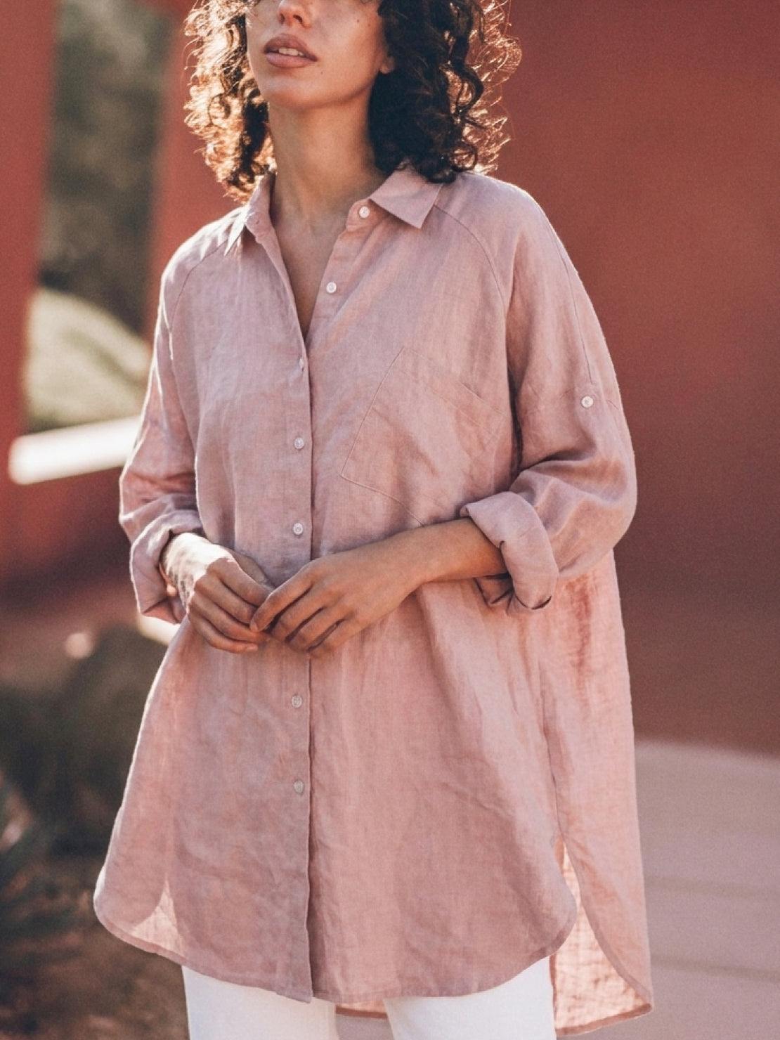 oversized relaxed cotton linen shirt with dropped shoulders and back pleat detail