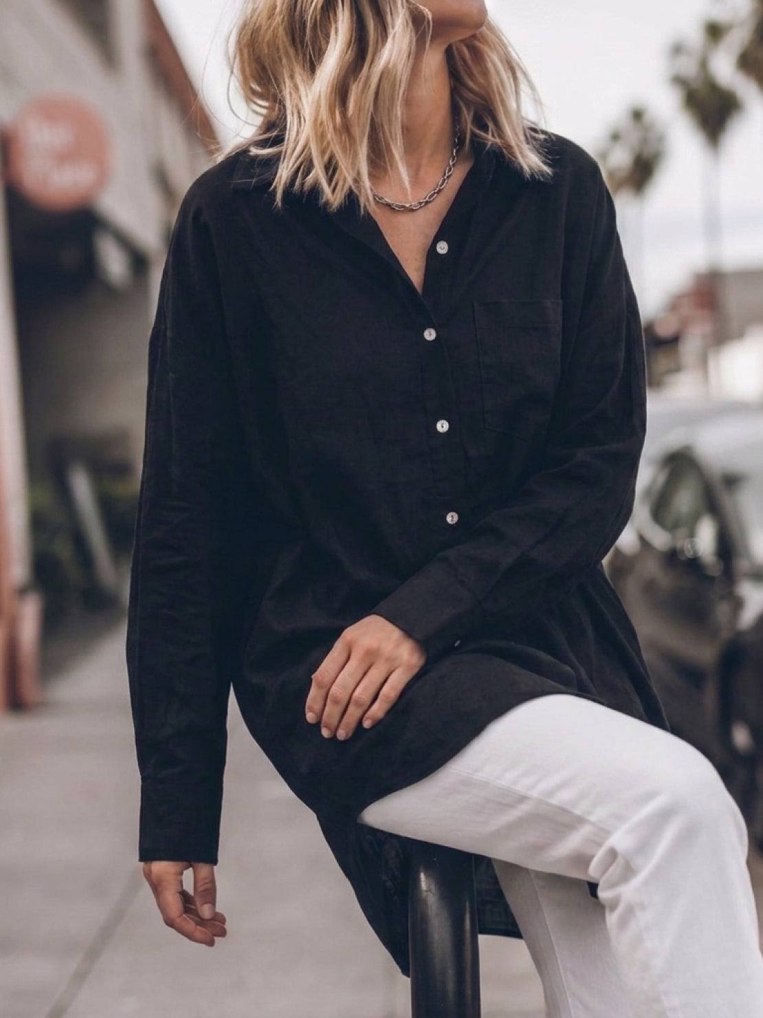 relaxed oversized 100% cotton linen shirt with dropped shoulders and back pleat detail