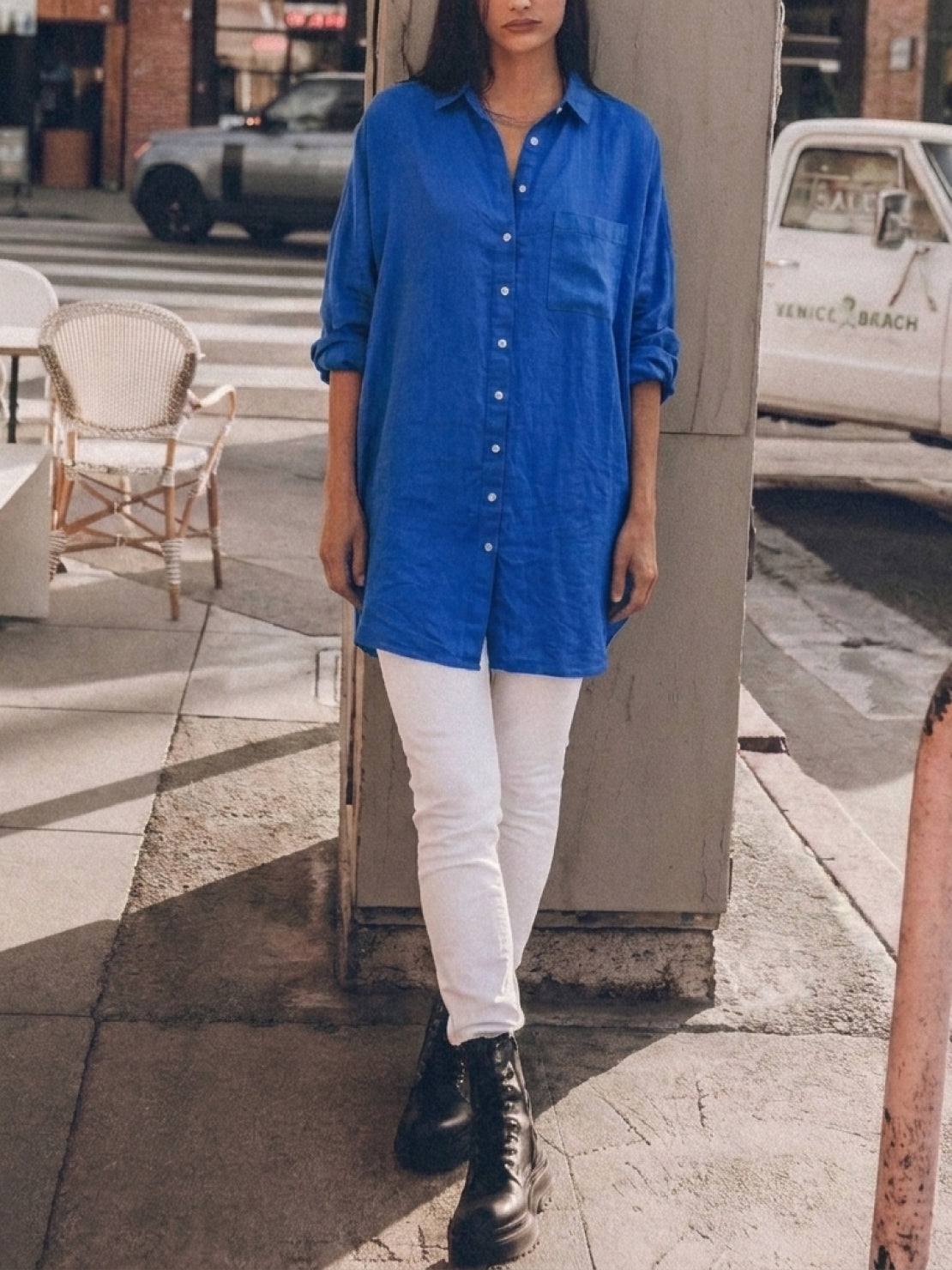 oversized relaxed cotton linen shirt with dropped shoulders and back pleat detail