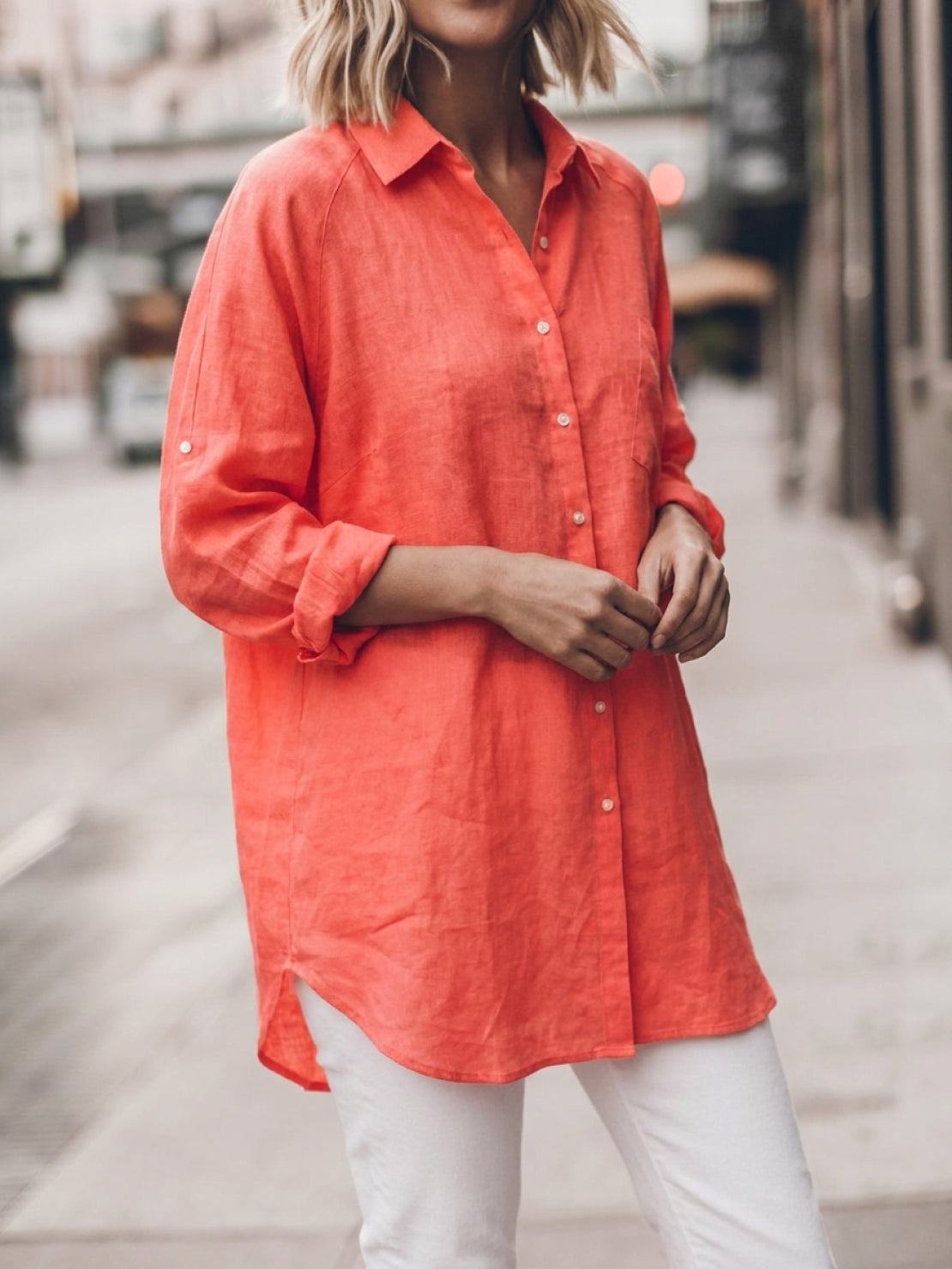 oversized relaxed fit 100% cotton linen shirt with dropped shoulders and back pleat detail