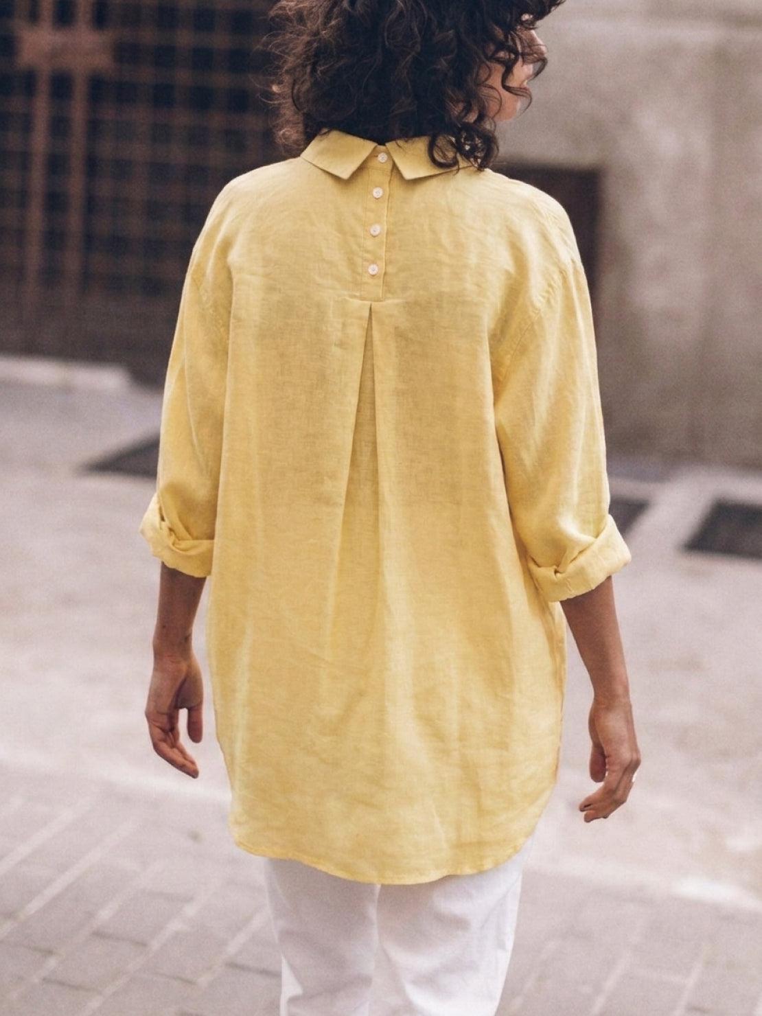 relaxed oversized 100% cotton linen shirt with dropped shoulders and back pleat detail