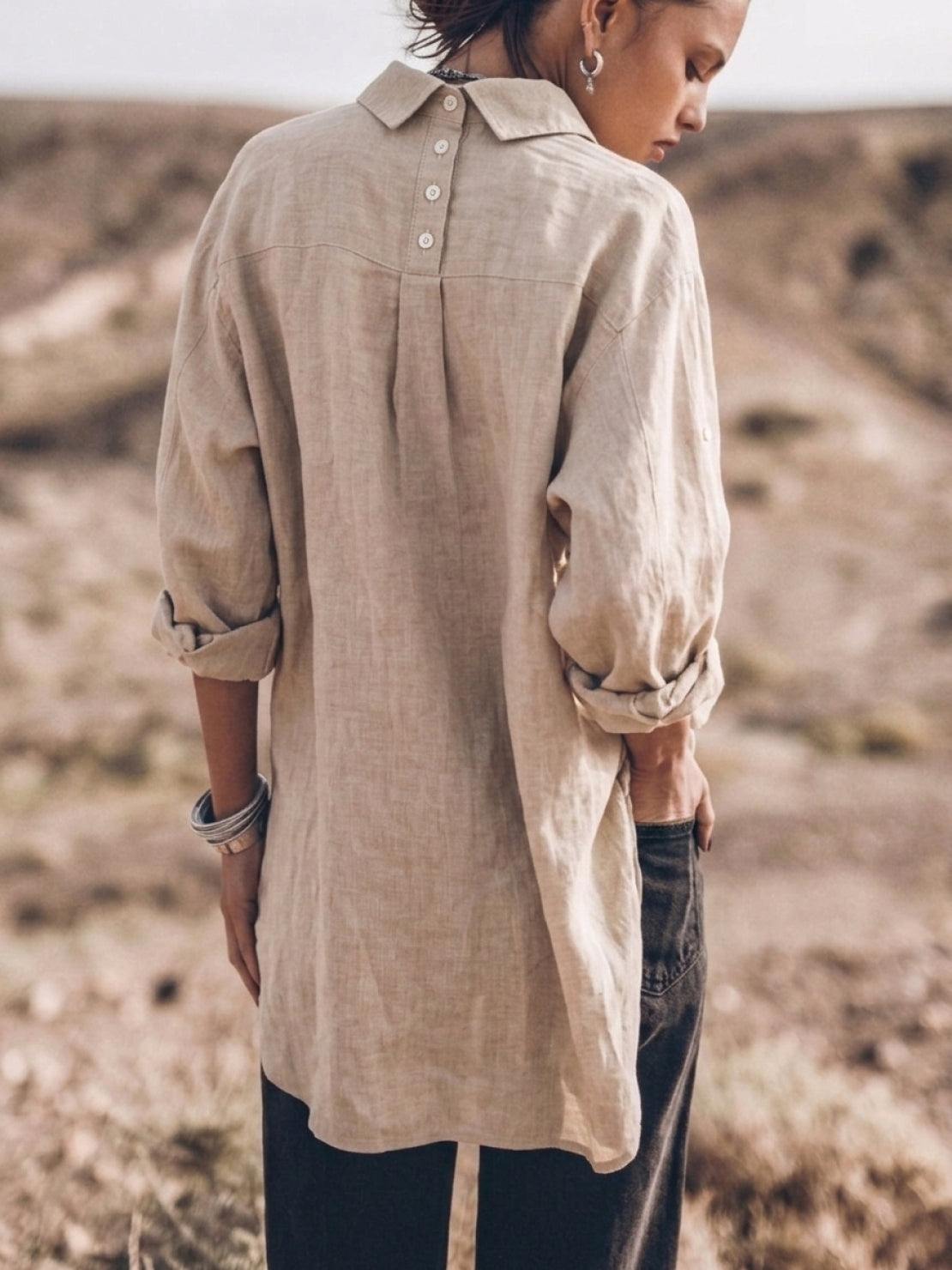 oversized relaxed cotton linen shirt with dropped shoulders and back pleat detail