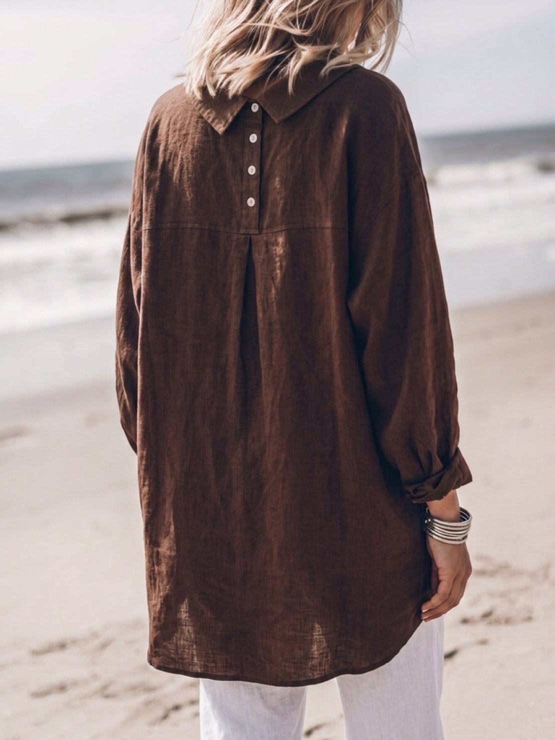 relaxed oversized 100% cotton linen shirt with dropped shoulders and back pleat detail