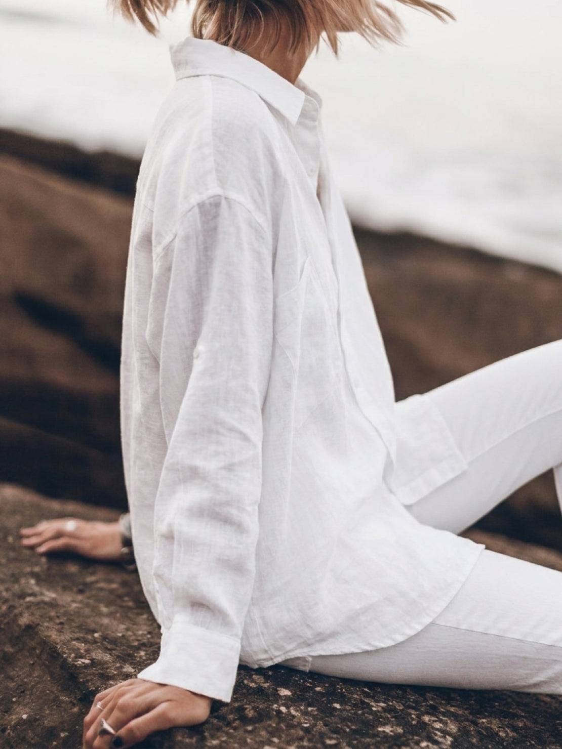 oversized 100% cotton linen shirt with relaxed fit and back pleat detail