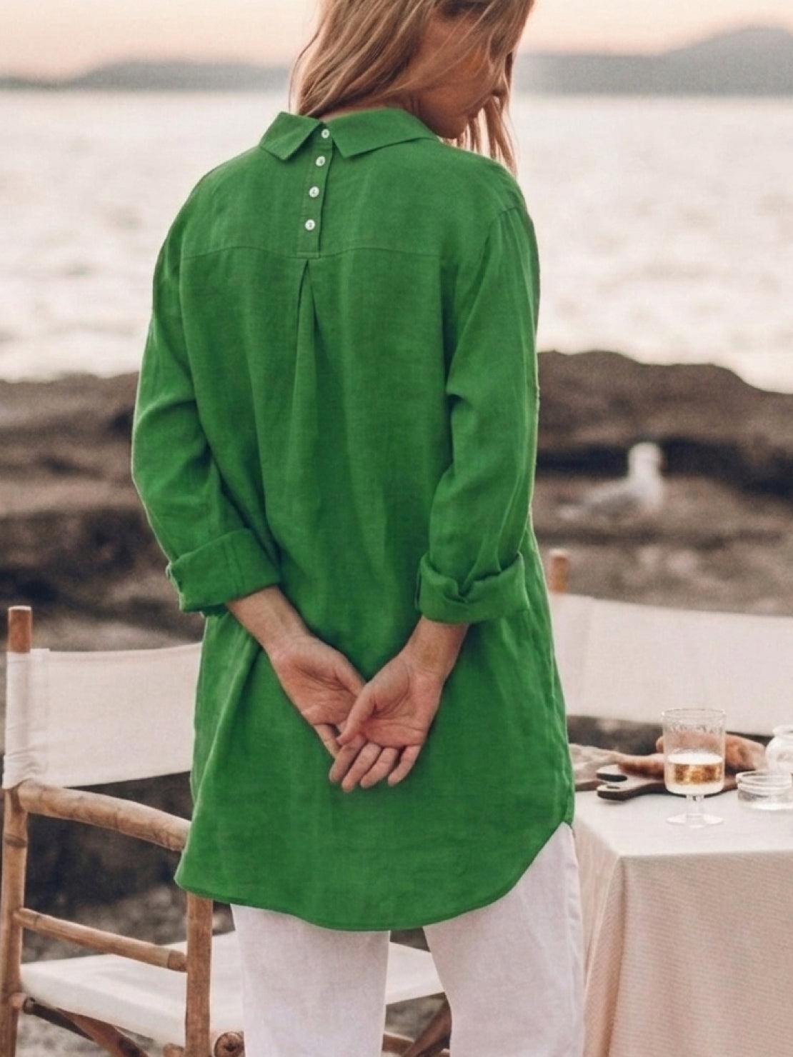 relaxed oversized 100% cotton linen shirt with dropped shoulders and back pleat detail