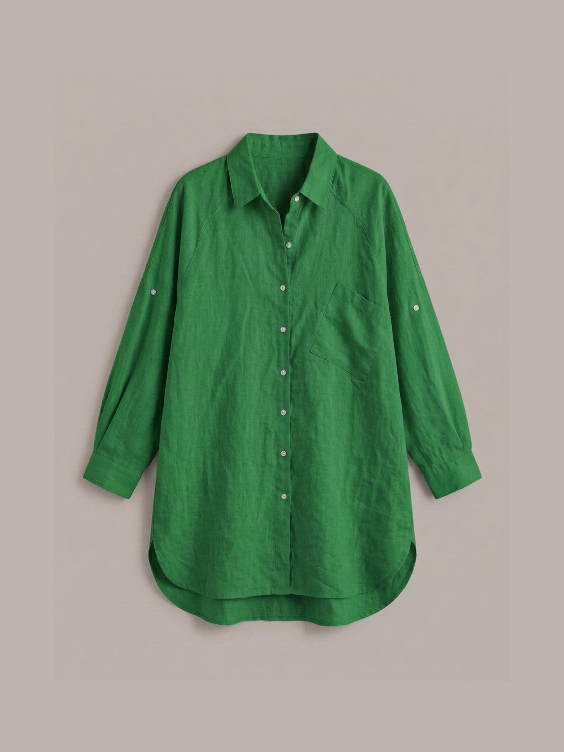 relaxed oversized 100% cotton linen shirt with dropped shoulders and back pleat detail