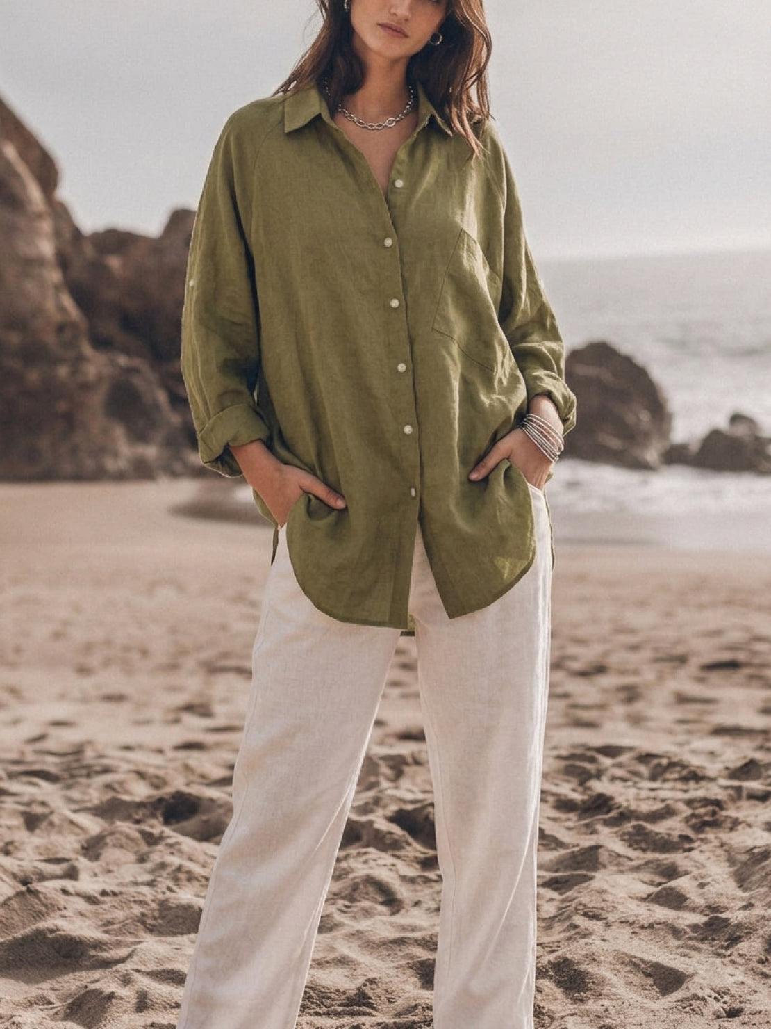 relaxed oversized 100% cotton linen shirt with dropped shoulders and signature back pleat detail