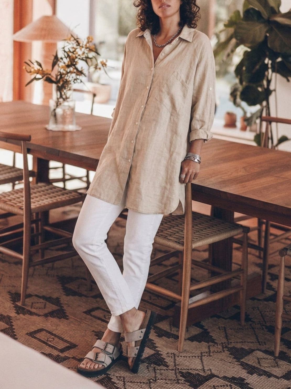 Oversized relaxed cotton linen shirt with dropped shoulders and back pleat detail