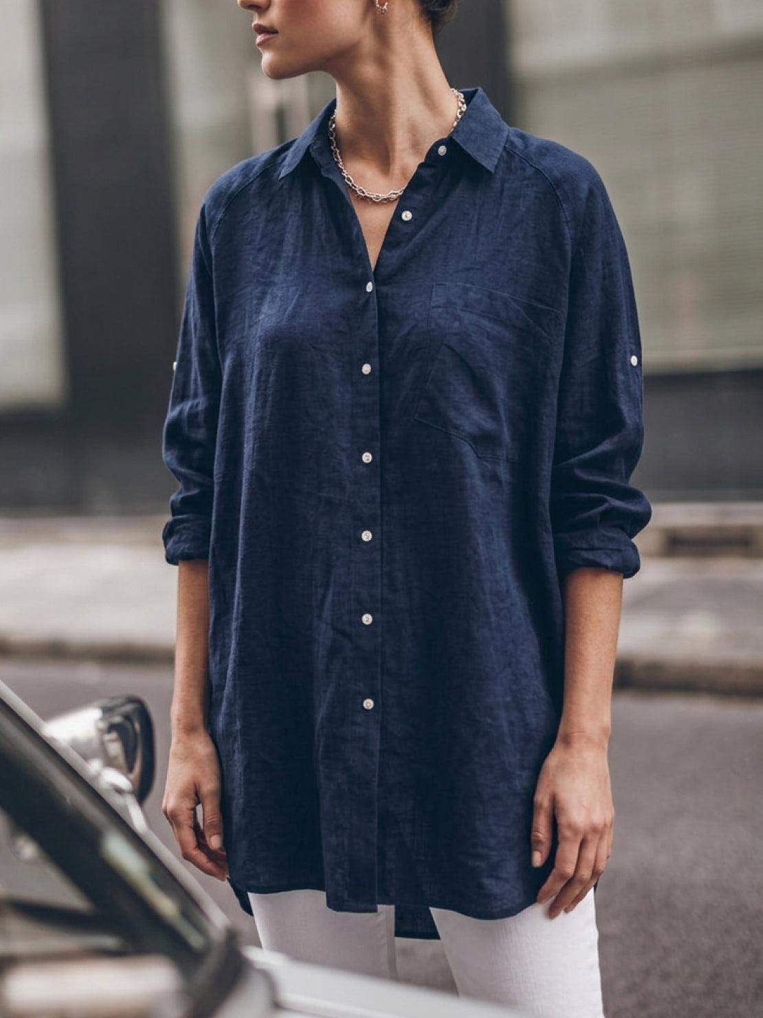 oversized relaxed cotton linen shirt with dropped shoulders and back pleat detail