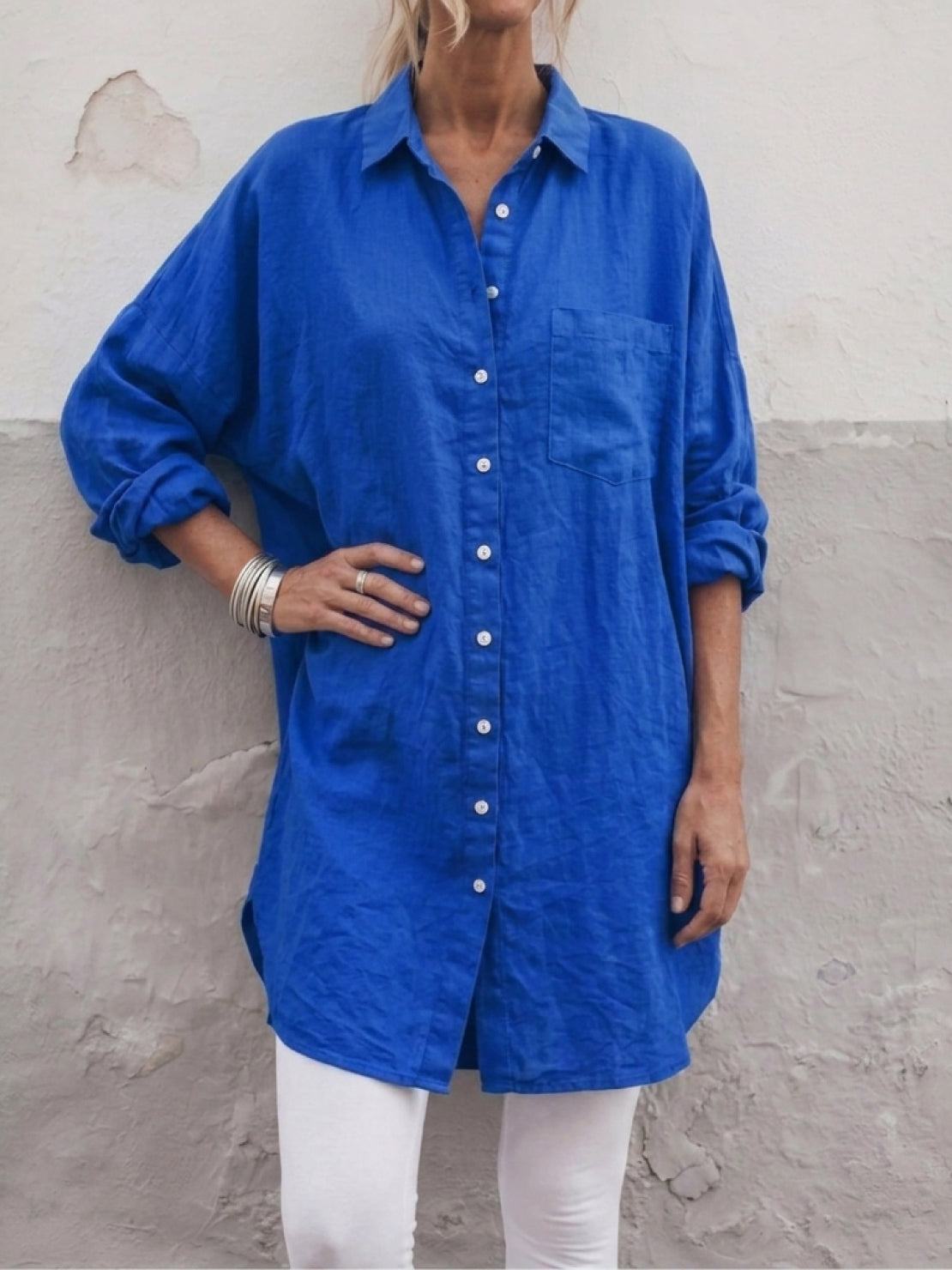 Oversized relaxed cotton linen shirt with dropped shoulders and back pleat detail