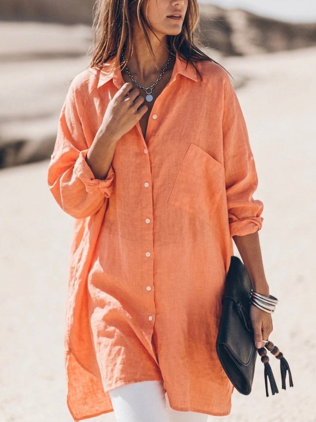 oversized relaxed cotton linen shirt with dropped shoulders and back pleat detail