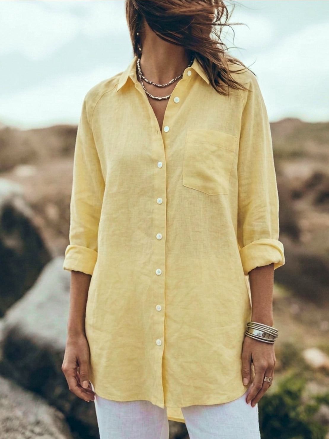 Oversized relaxed cotton linen shirt with dropped shoulders and back pleat detail