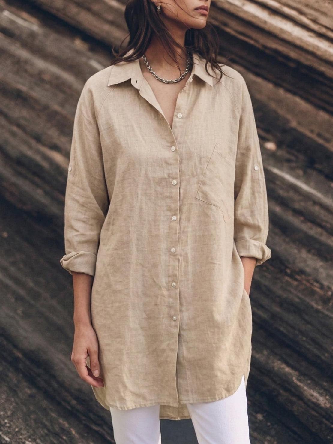 oversized 100% cotton linen relaxed button-up shirt with dropped shoulders and back pleat detail