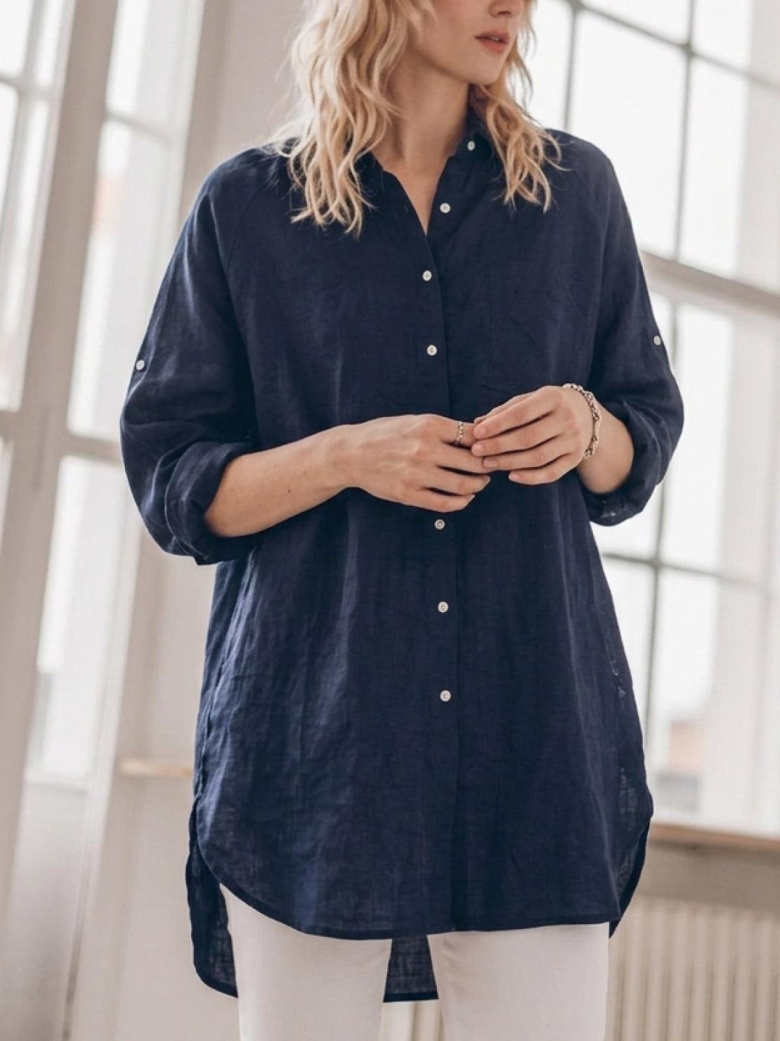 oversized relaxed cotton linen shirt with dropped shoulders and back pleat detail
