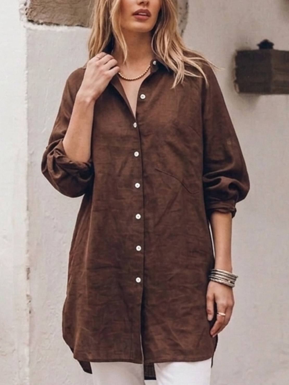 oversized 100% cotton linen shirt with relaxed fit and back pleat detail