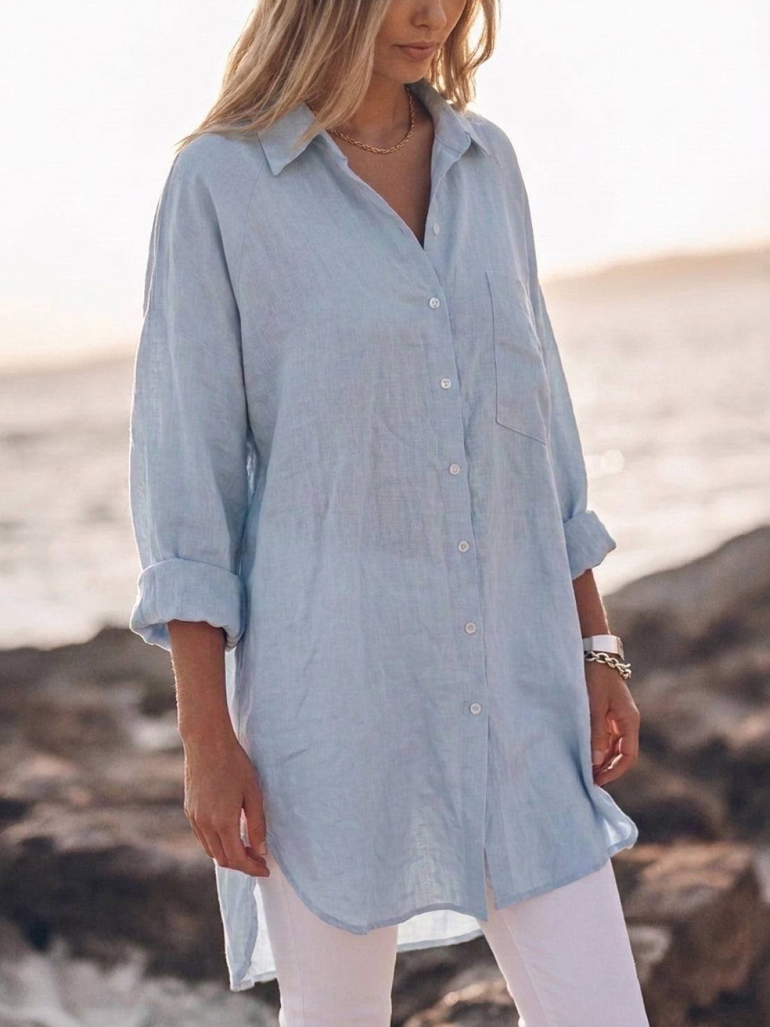 Oversized relaxed cotton linen shirt with dropped shoulders and back pleat detail