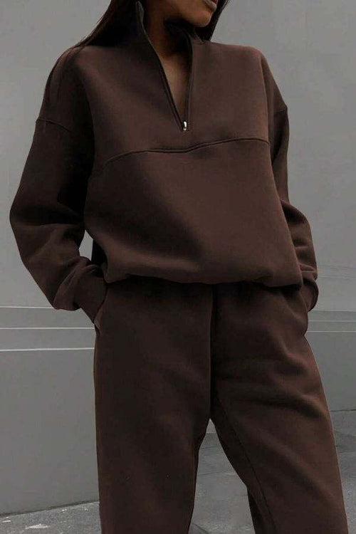 Classic Airplane Set brown cotton blend pullover and joggers tracksuit with zipper collar and tapered ankle fit